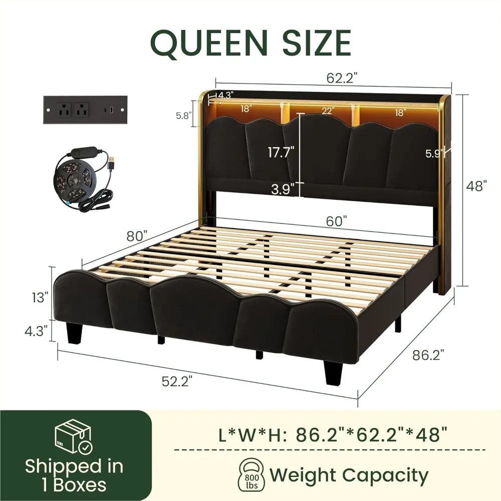 Velvet Bed Frame, LED, Charging, Gold Trim