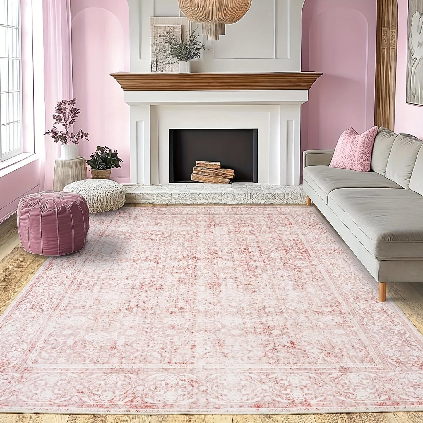 Vintage Pink Floral Large Area Rug