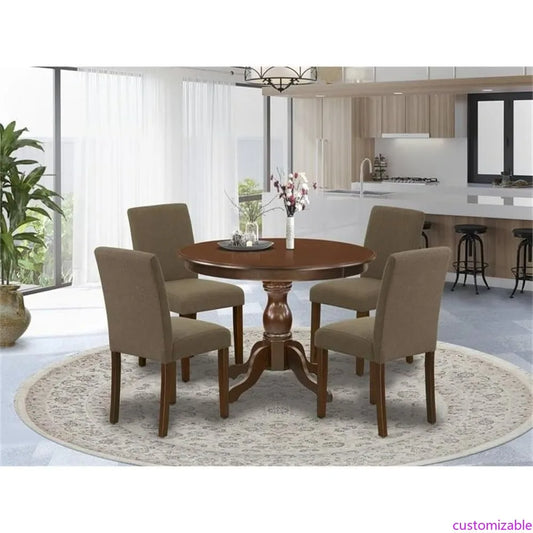 5-Piece Dining Set with Round Pedestal Table and Four Coffee Linen Chairs
