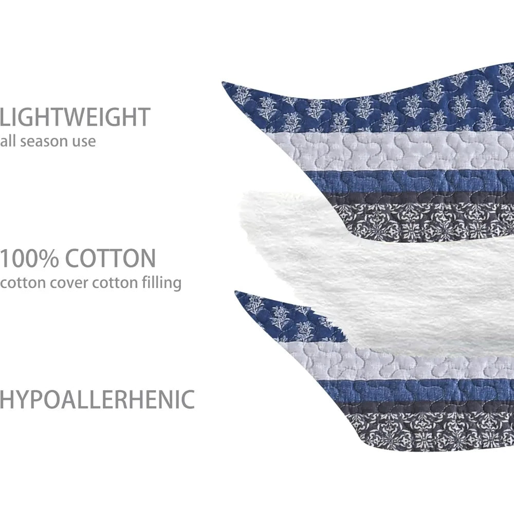 Queen Size 100% Cotton Quilt Bedding Set - Gray Blue