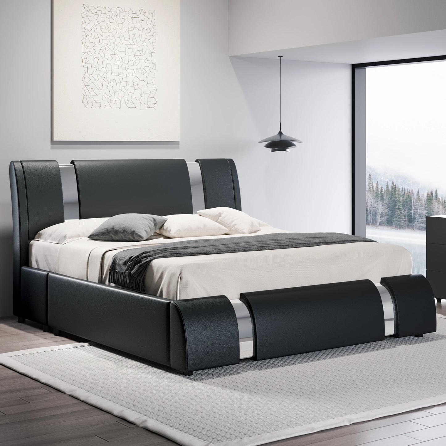 Modern Faux Leather Platform Bed Frame With Iron Accents