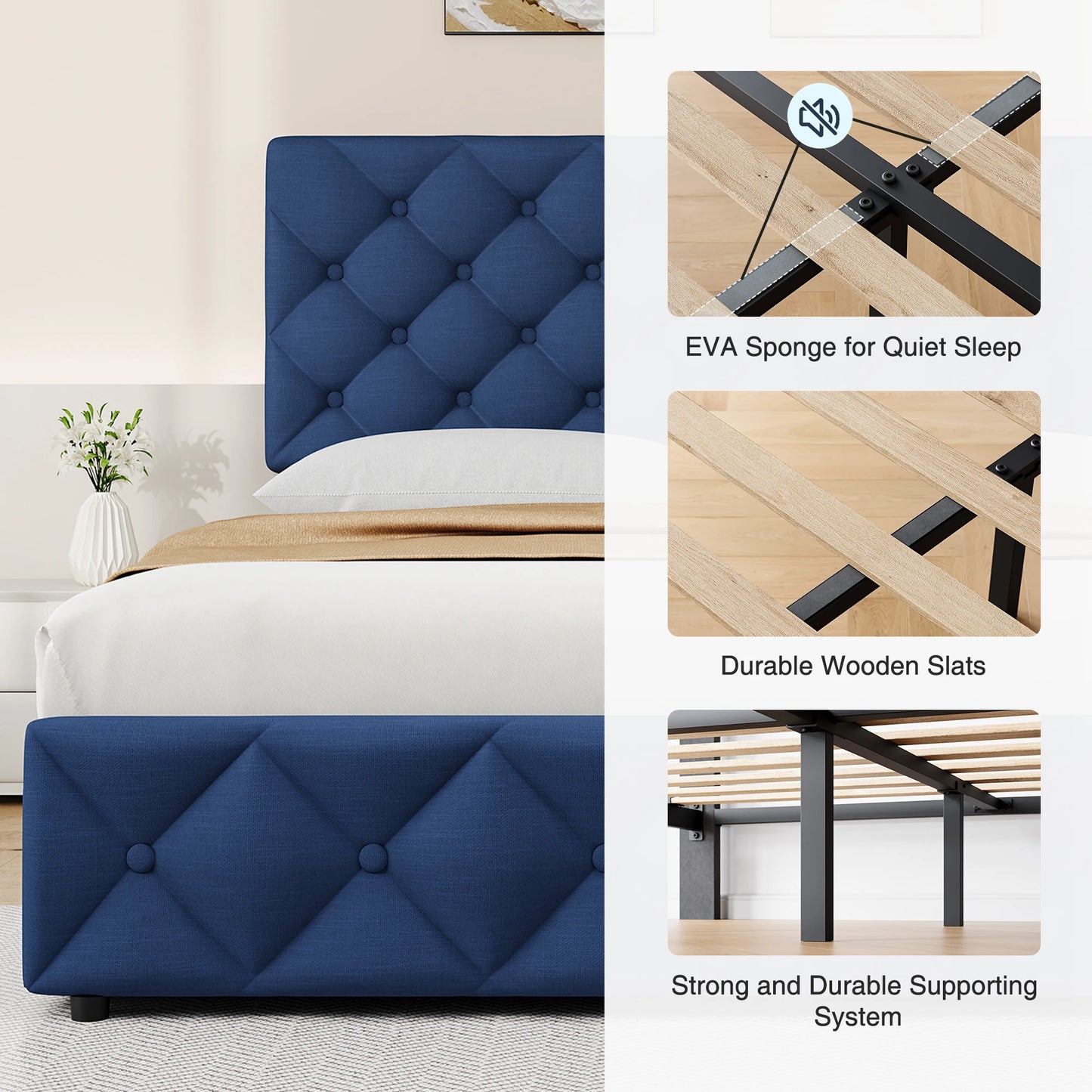 Queen Upholstered Bed Frame With Height Adjustable Headboard
