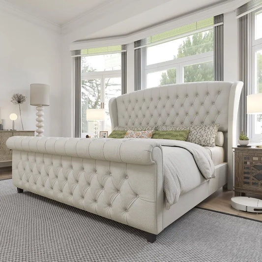 Chenille Sleigh Bed, Tufted Wingback Headboard