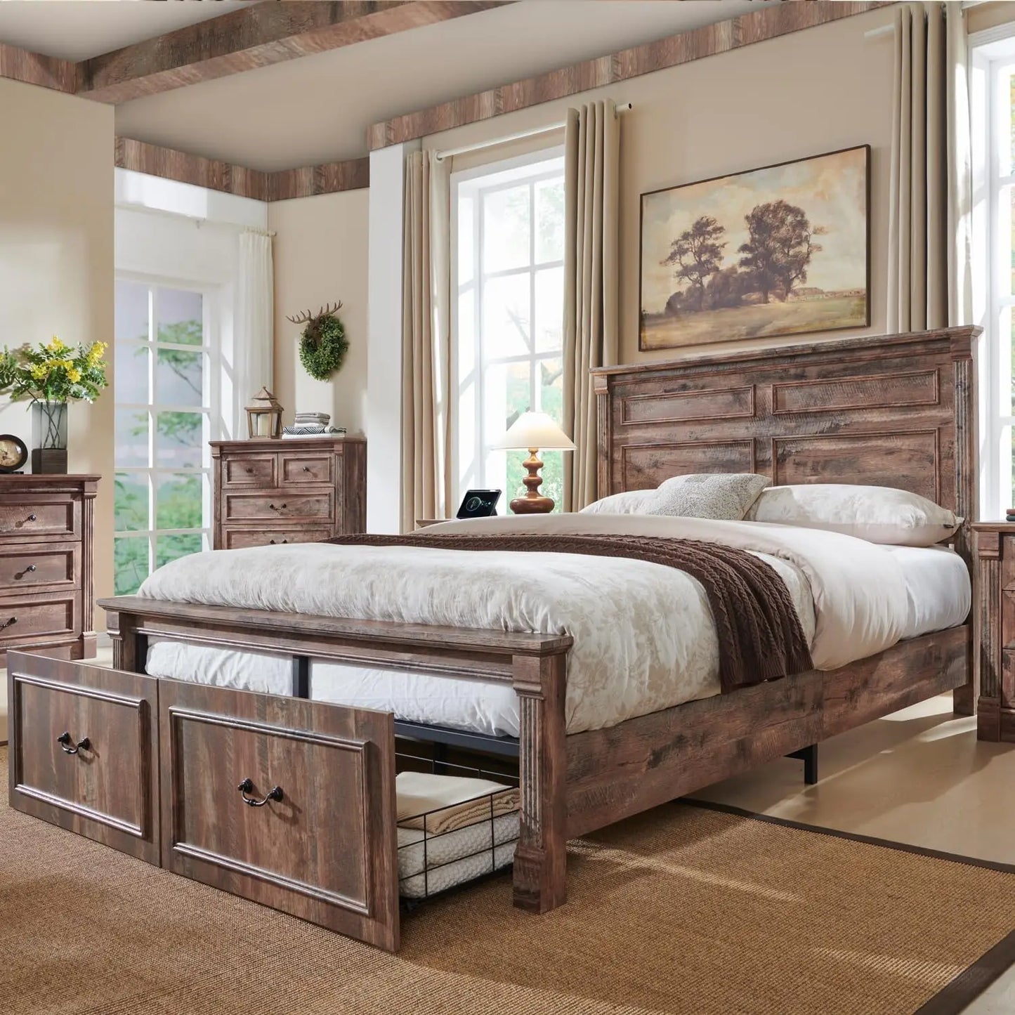 Tall Headboard, Decorative Footboard, Spacious Storage Drawers.