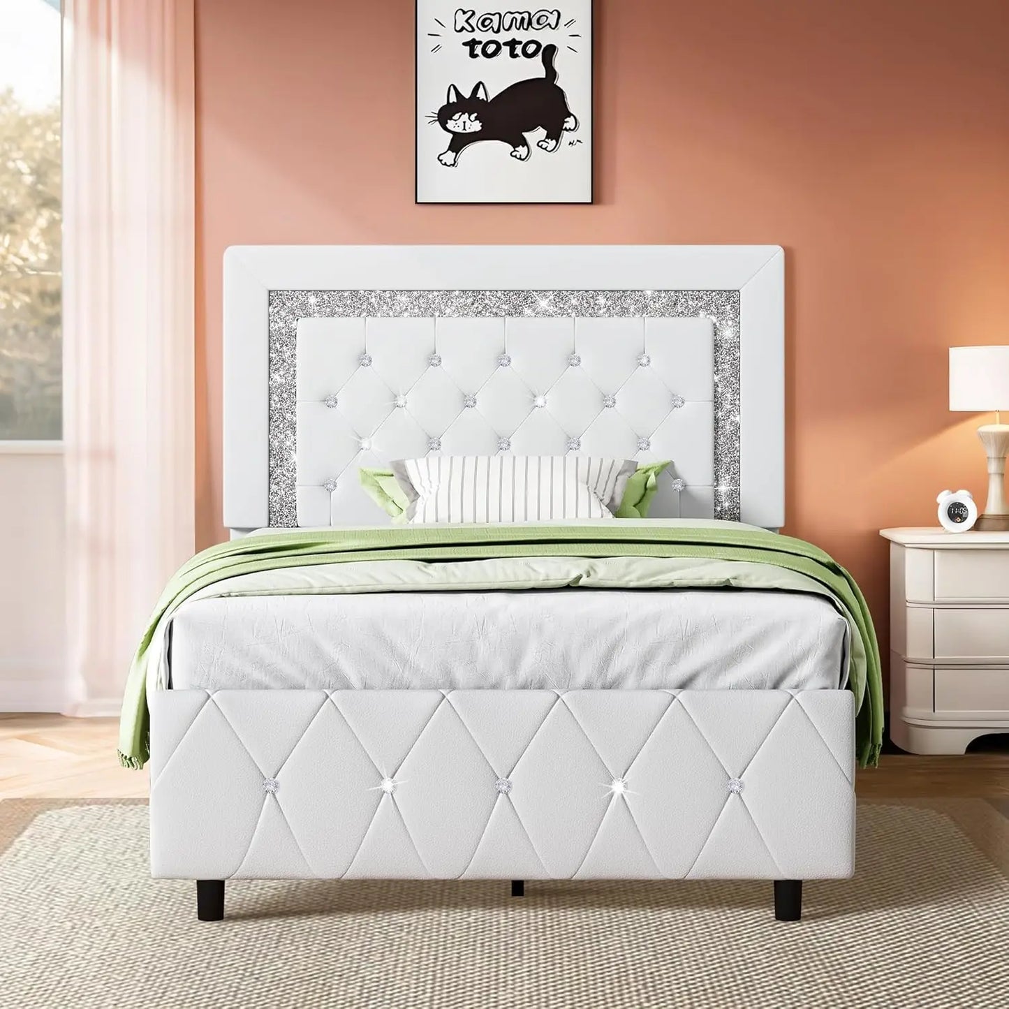 Platform Bed Frame With Upholstered Diamond Headboard