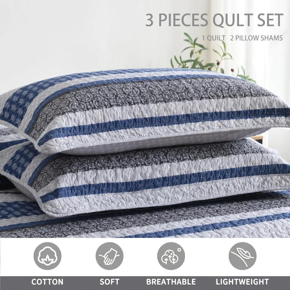 Queen Size 100% Cotton Quilt Bedding Set - Gray Blue