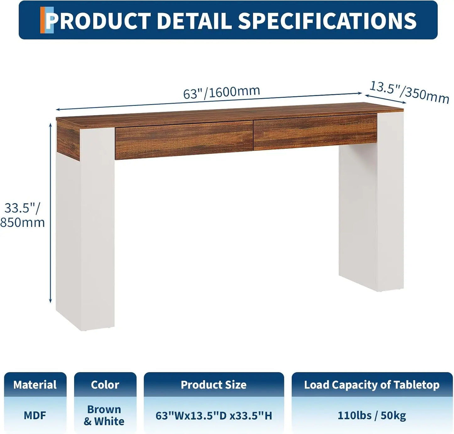 63-Inch Entryway Console Table With 2 Drawers