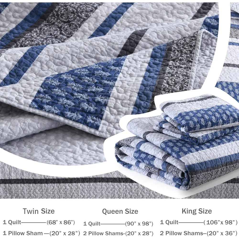 Queen Size 100% Cotton Quilt Bedding Set - Gray Blue