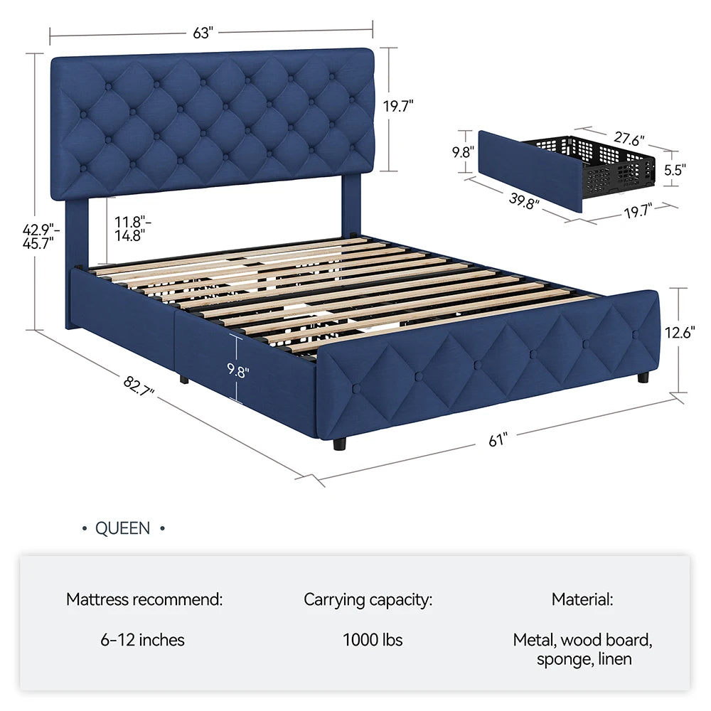 Queen Upholstered Bed Frame With Height Adjustable Headboard