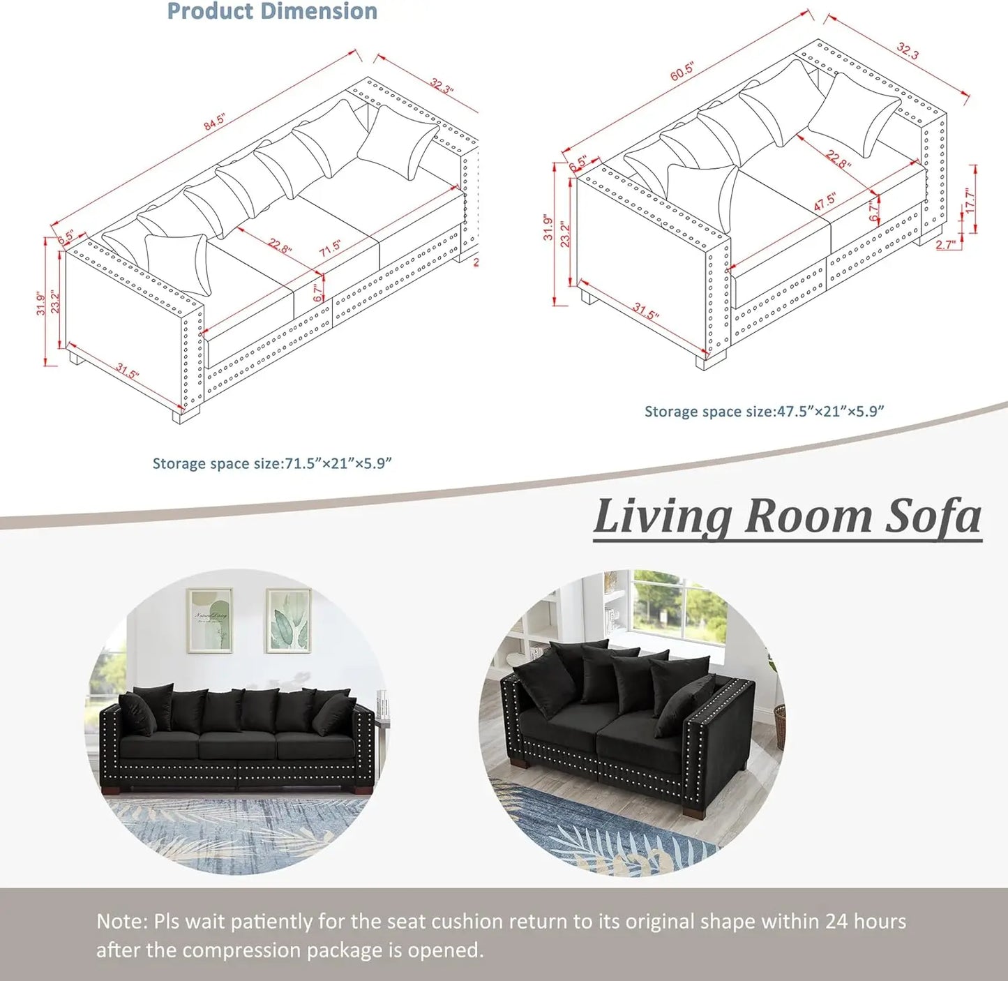 2-Piece Modern Velvet Upholstered Sofa Set