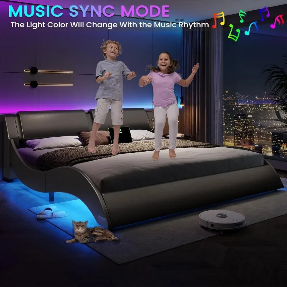 Bed Frame With LED, USB, Faux Leather