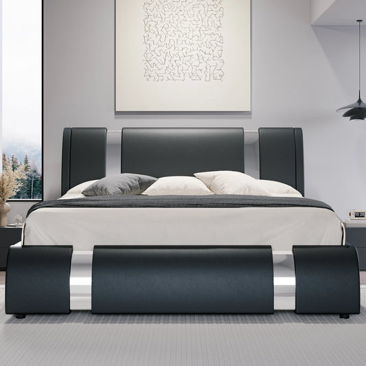 Modern Faux Leather Platform Bed Frame With Iron Accents