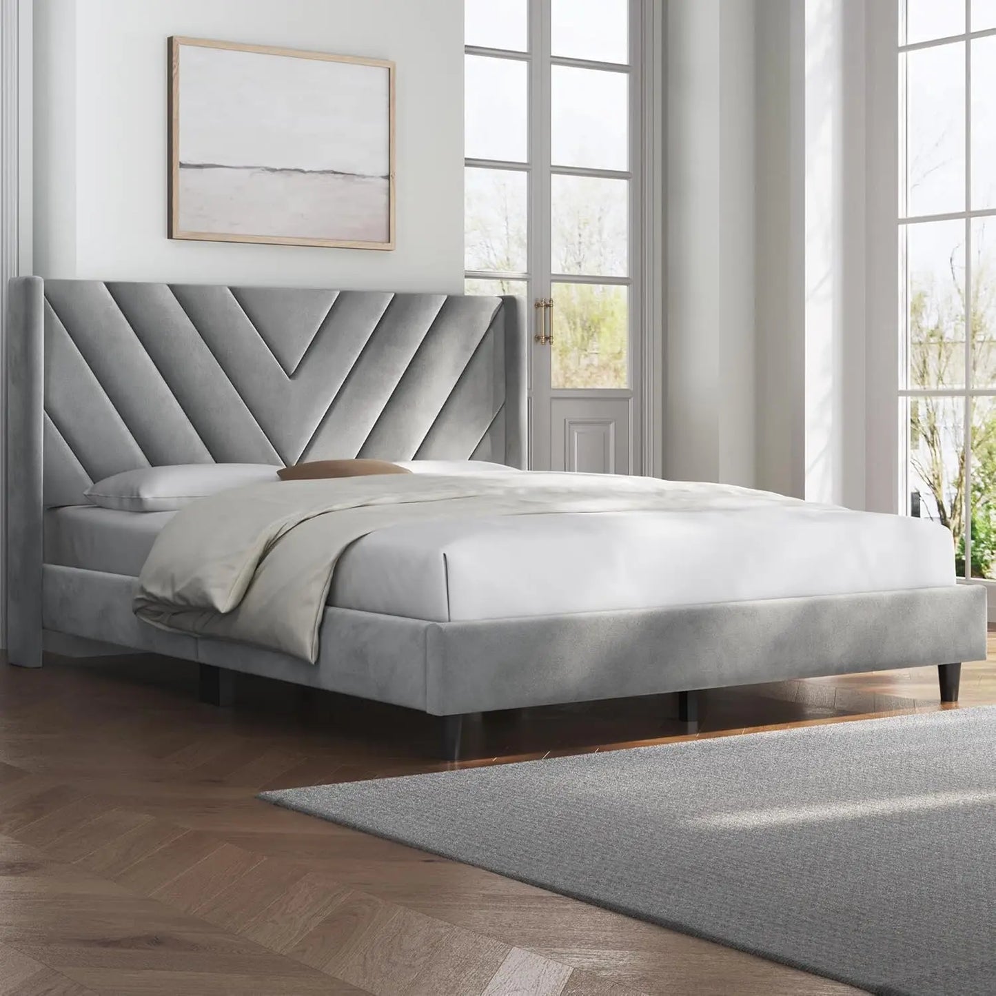Tufted Queen Platform Bed, Wingback, Wooden Slats