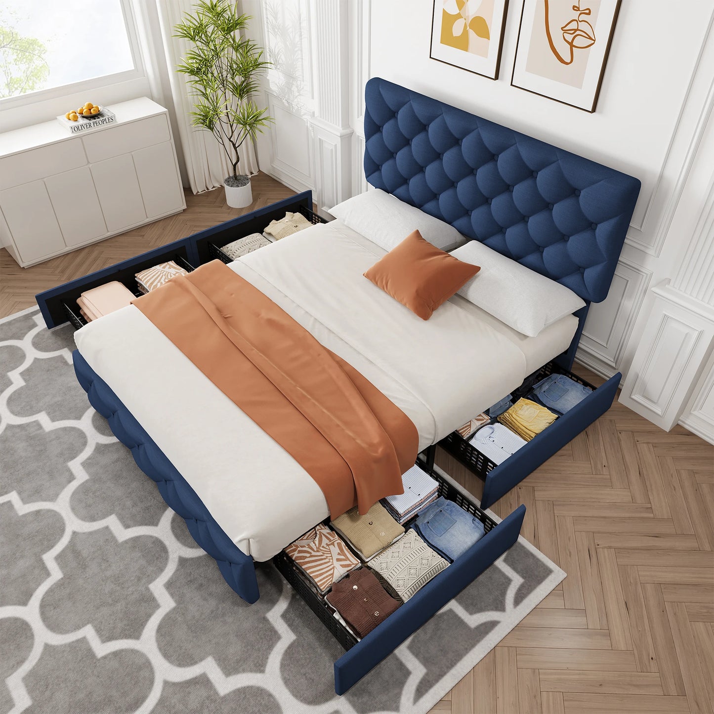 Queen Upholstered Bed Frame With Height Adjustable Headboard