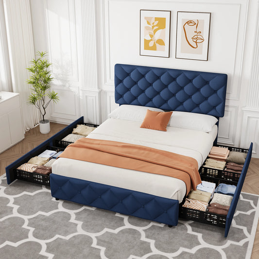 Queen Upholstered Bed Frame With Height Adjustable Headboard