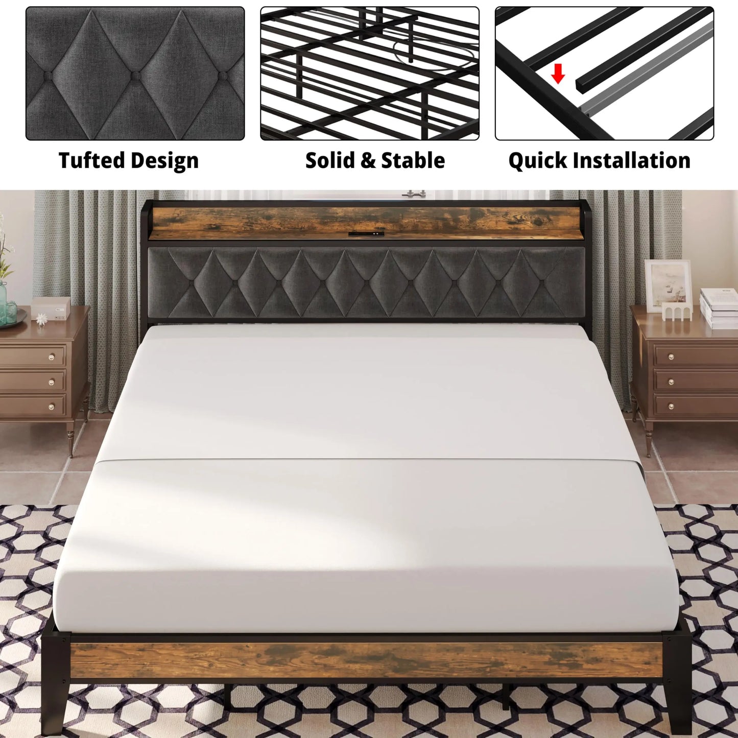 Modern Bed Frame, Storage Headboard, Outlets Included