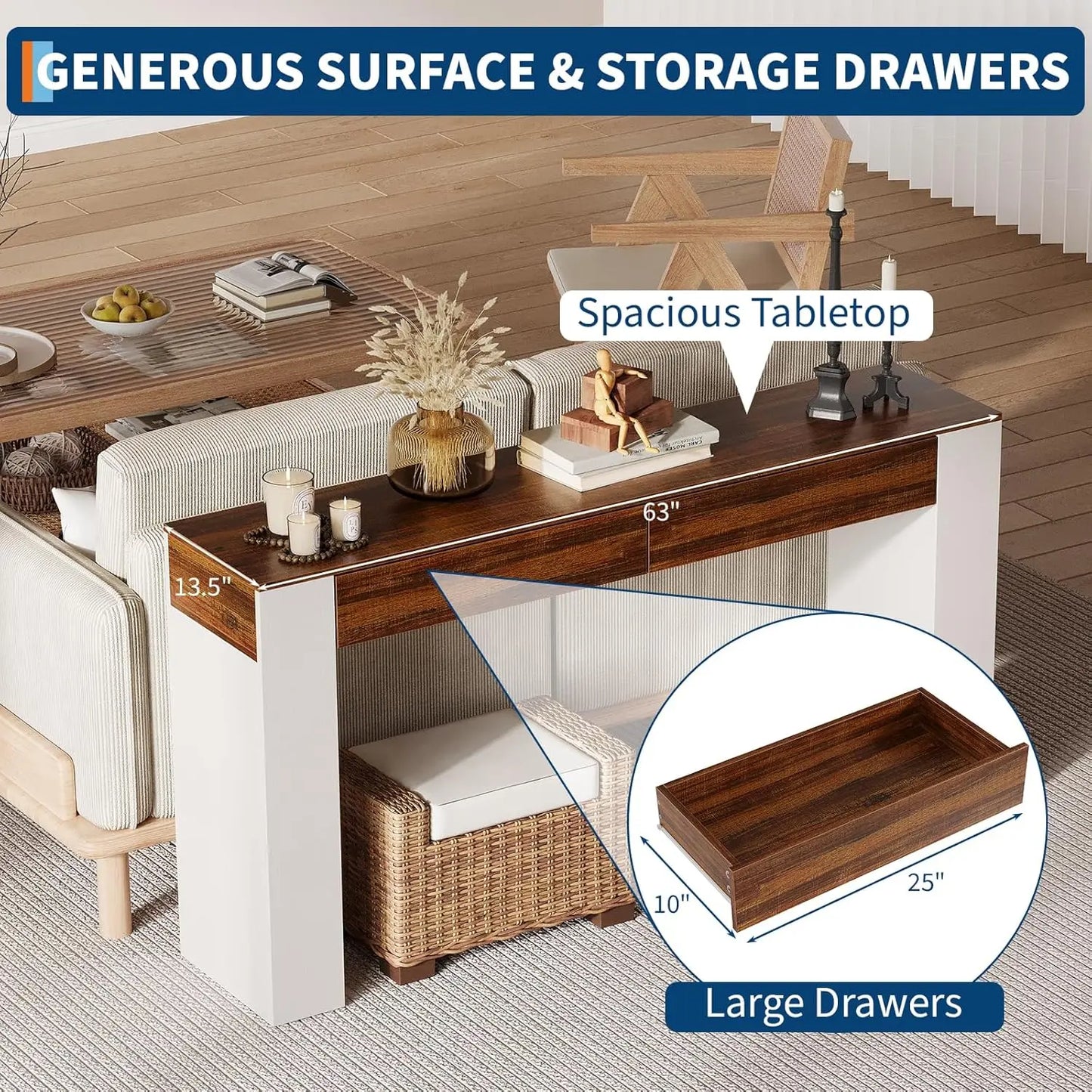63-Inch Entryway Console Table With 2 Drawers