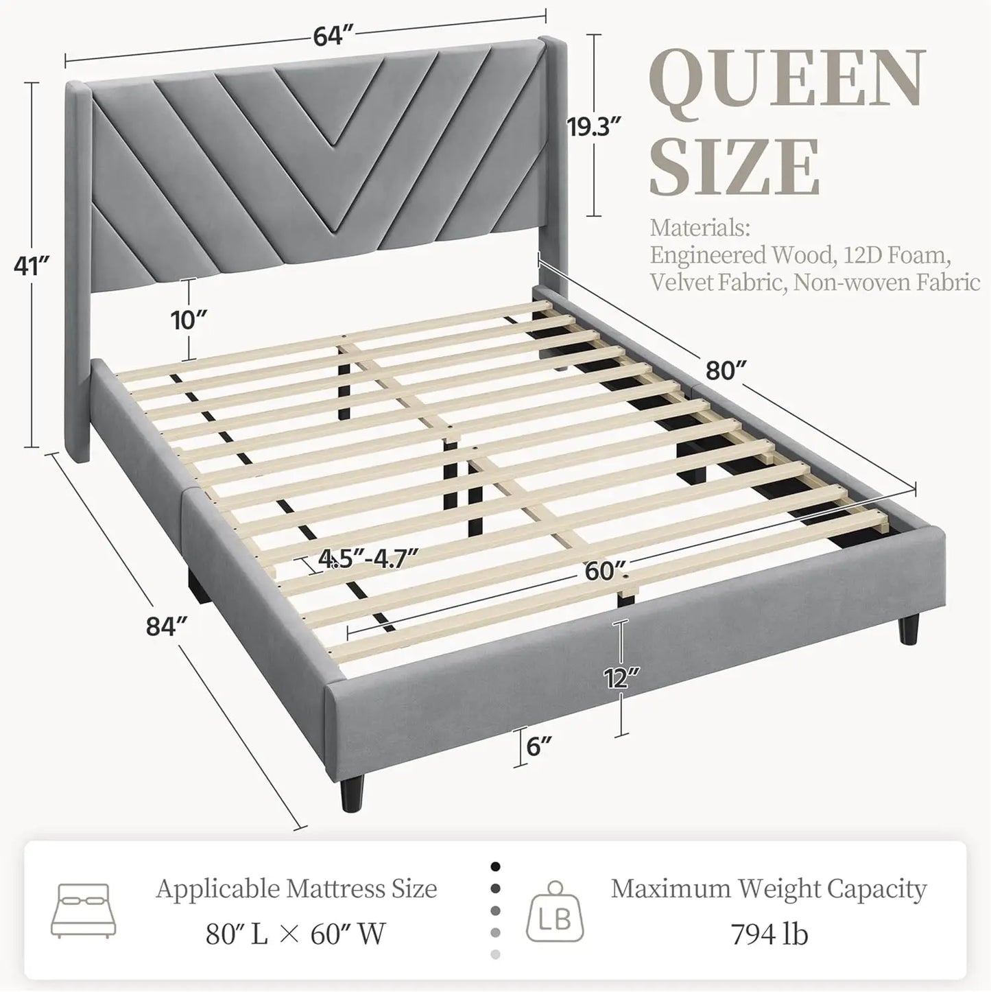 Tufted Queen Platform Bed, Wingback, Wooden Slats
