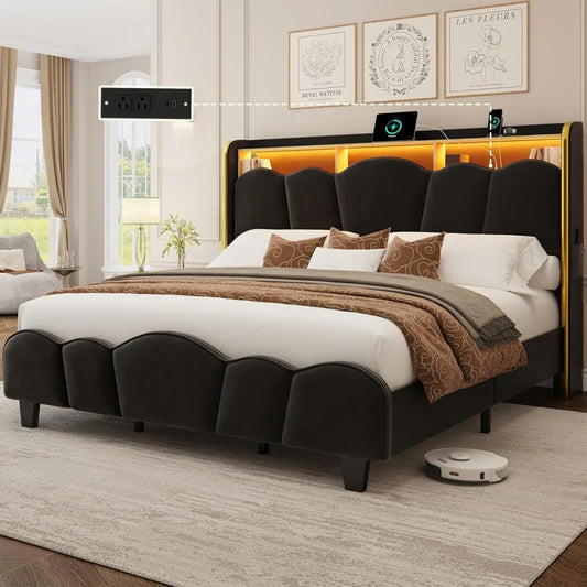 Velvet Bed Frame, LED, Charging, Gold Trim