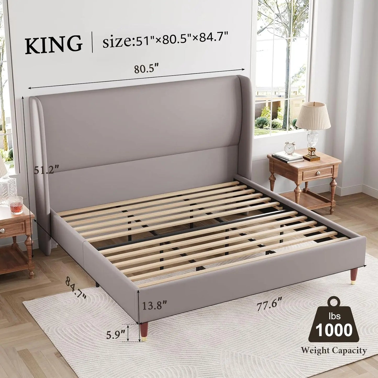 Upholstered Platform Bed, Wingback Headboard, No Box spring Needed