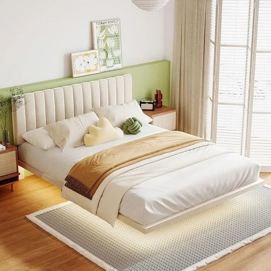 Queen Size Modern Floating Velvet Platform Bed