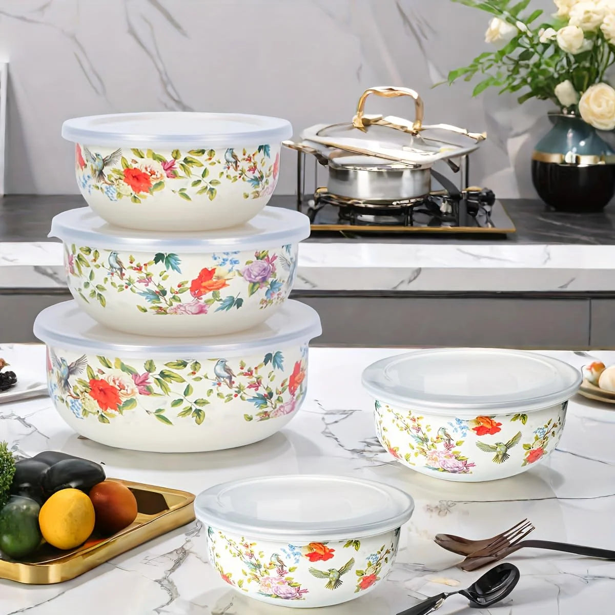 5PCS Enamel Bowls With Lids