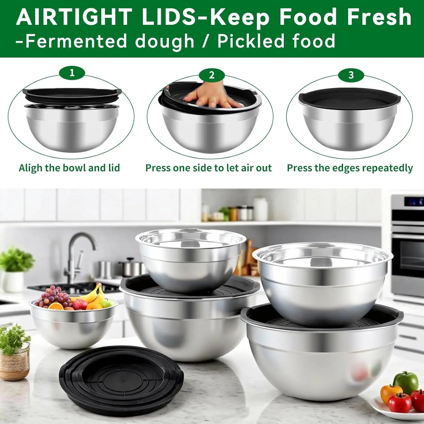 25-Piece Stainless Steel Mixing Bowls Set with Airtight Lids