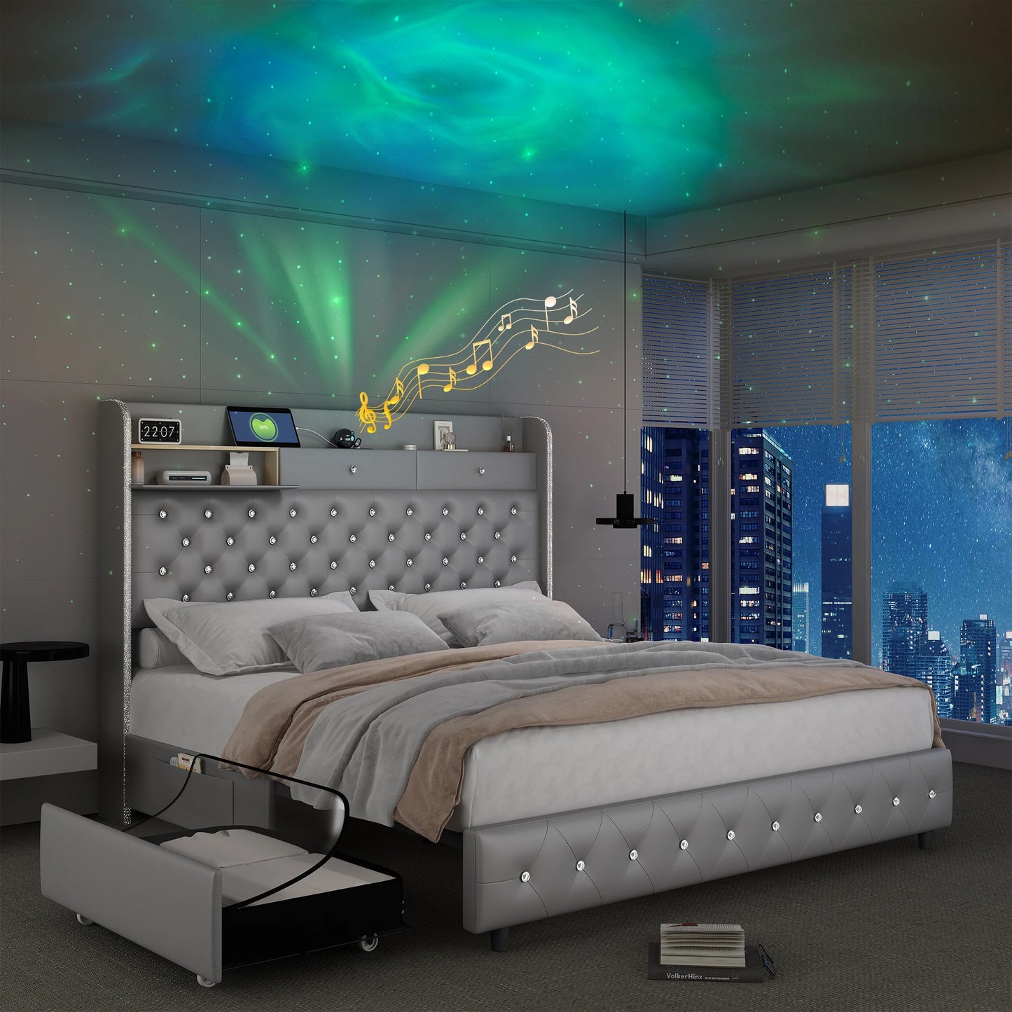 LED Bed Frame, Star Projector, Storage, Charging Station