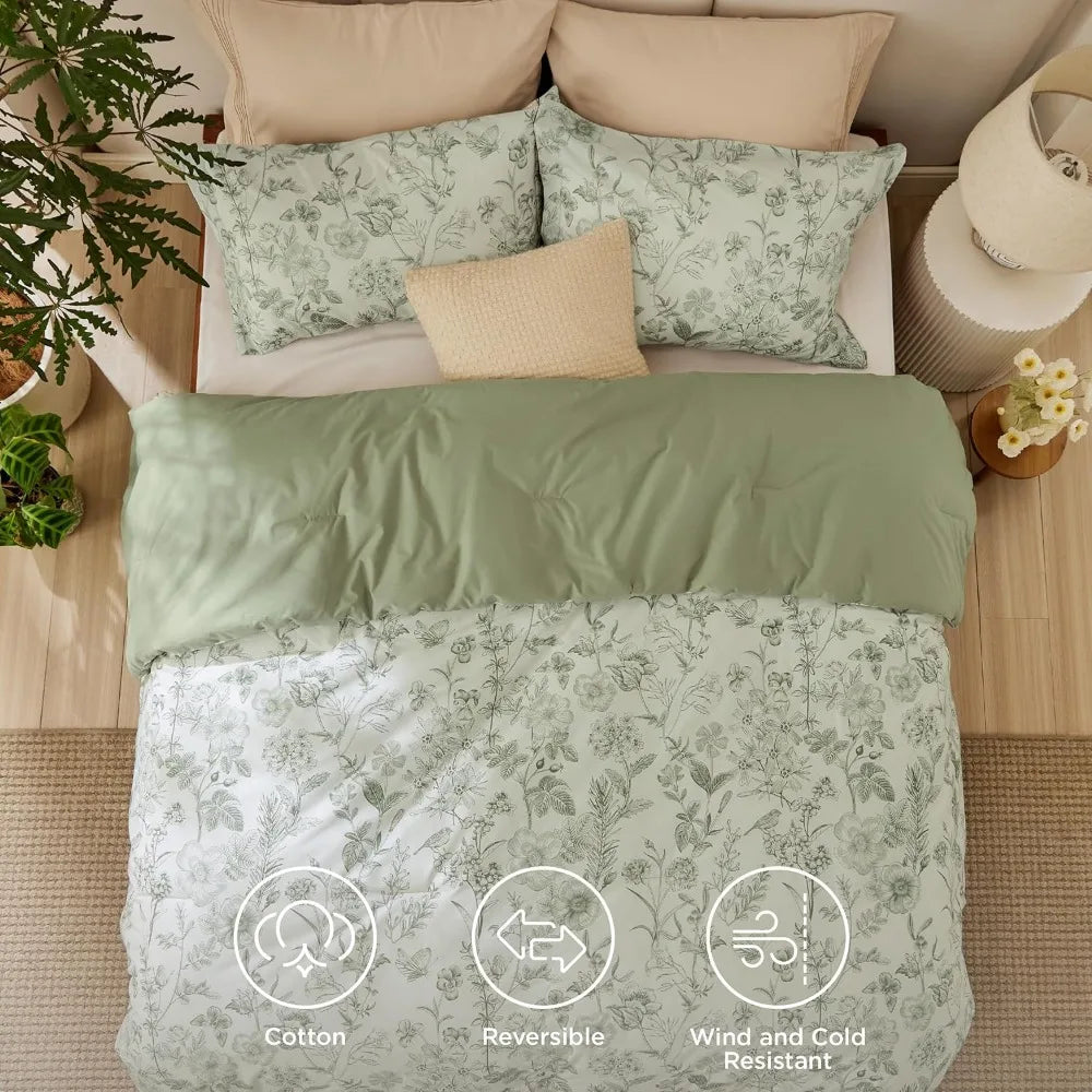 King Size Floral Comforter Set - 100% Cotton Sage Green