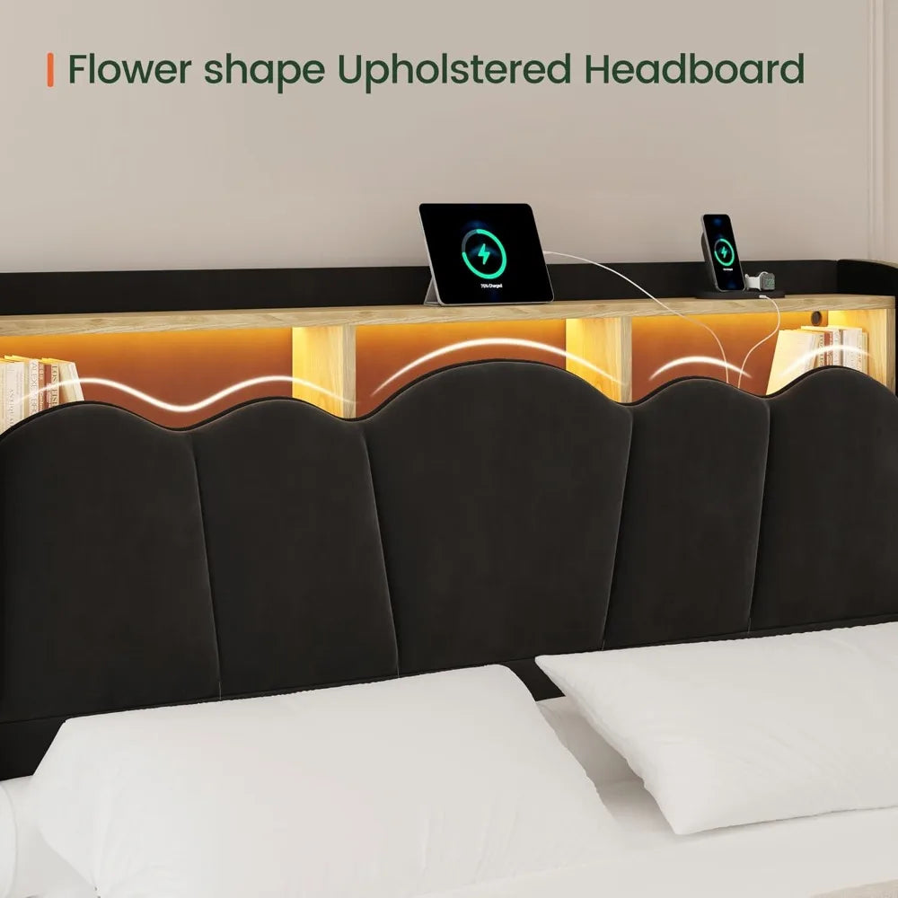 Velvet Bed Frame, LED, Charging, Gold Trim