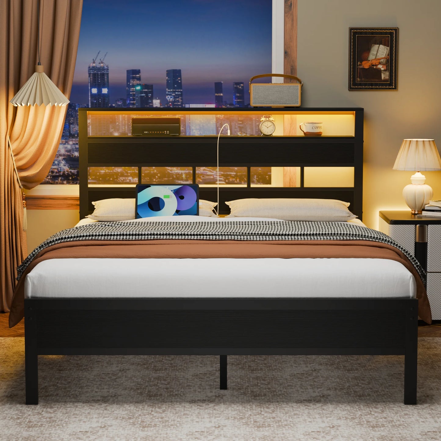 Bed Frame With LED Lights/Charging Station