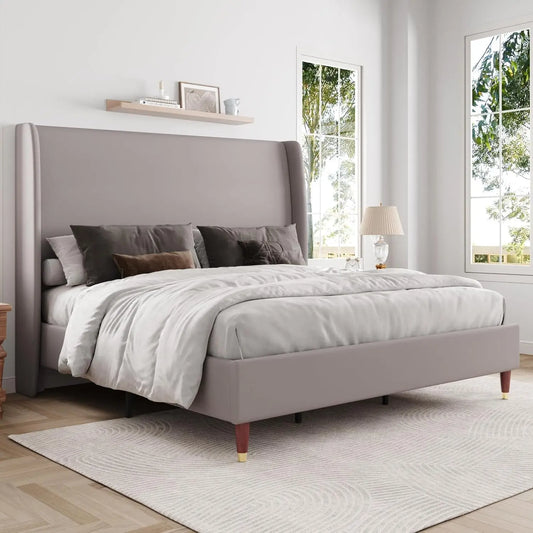 Upholstered Platform Bed, Wingback Headboard, No Box spring Needed