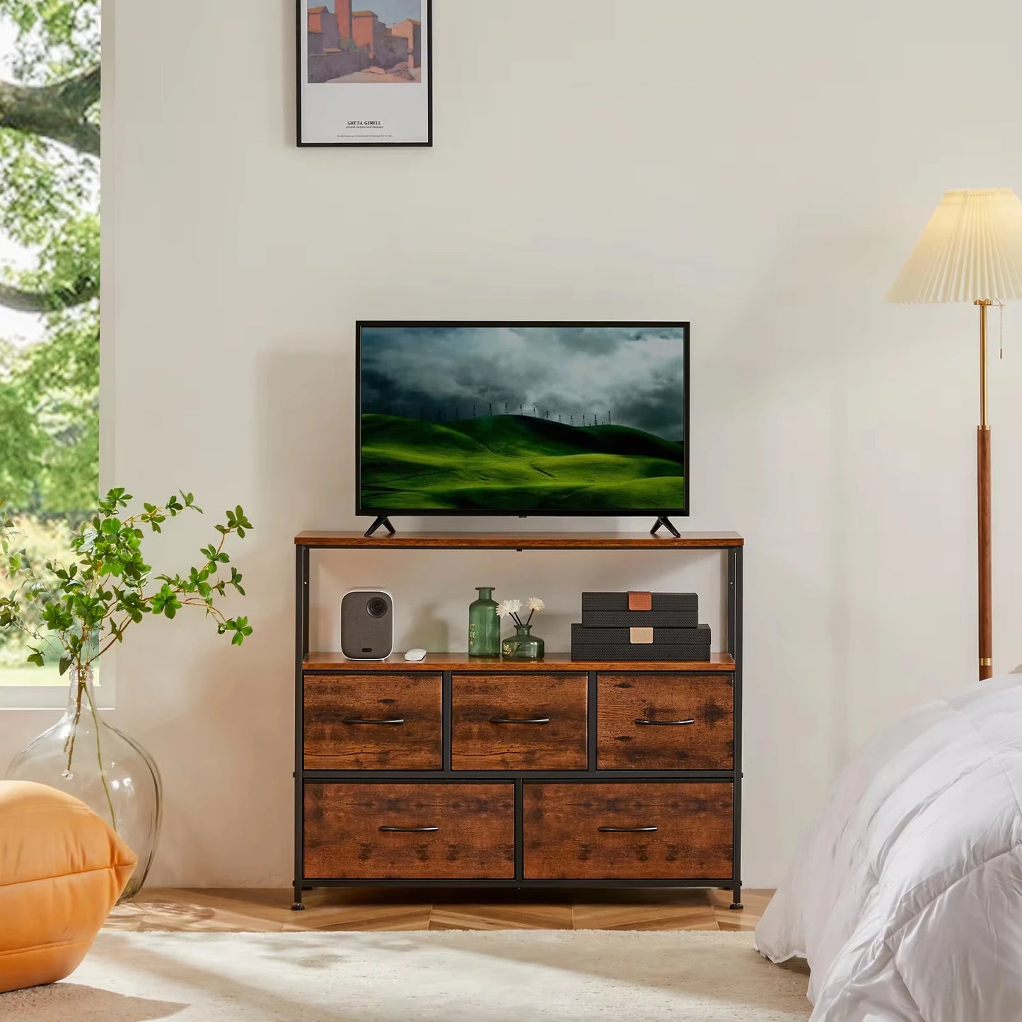 TV Stand Dresser for Bedroom with 5 Fabric Drawers