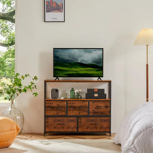 TV Stand Dresser for Bedroom with 5 Fabric Drawers
