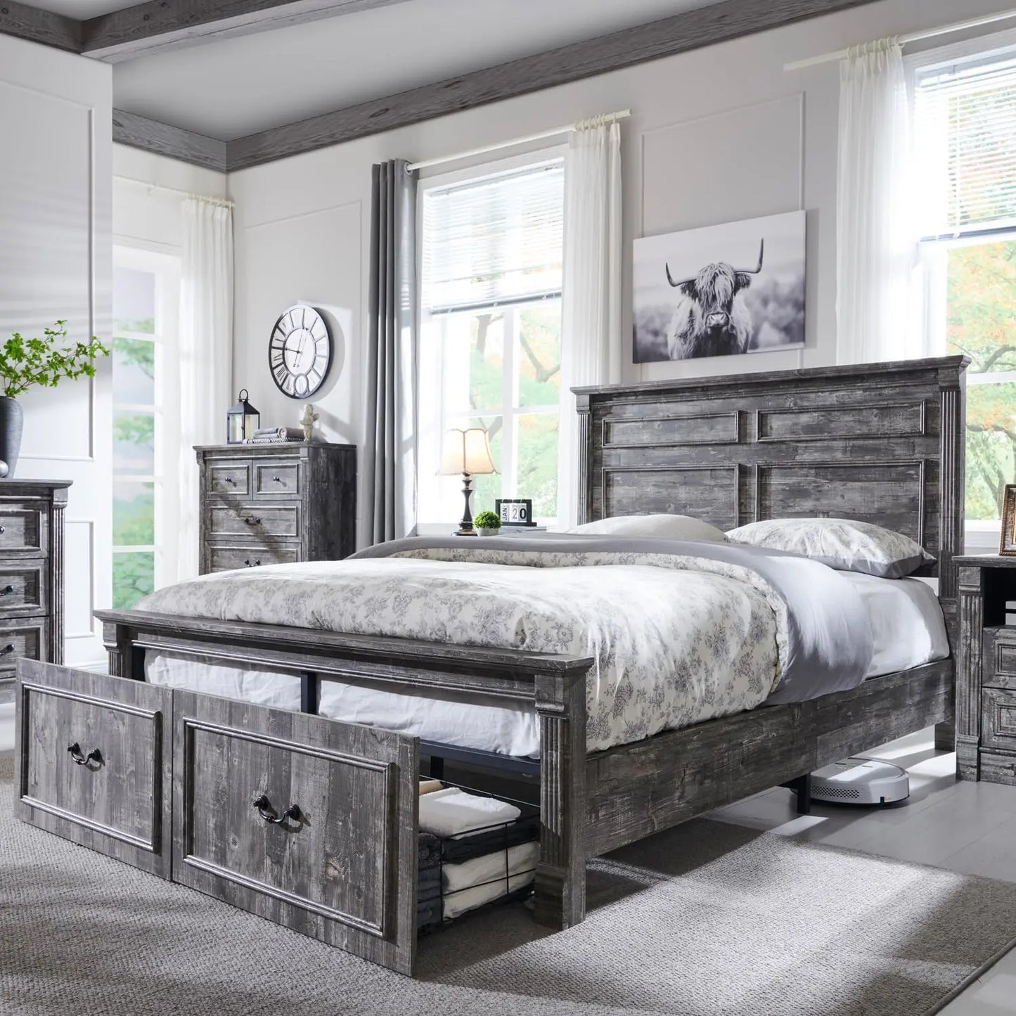 Tall Headboard, Decorative Footboard, Spacious Storage Drawers.