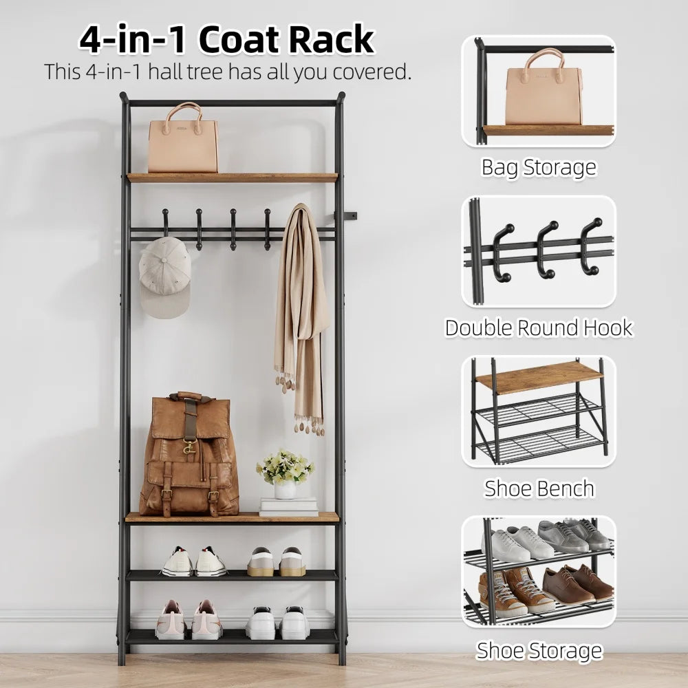 Entryway Coat Rack With Hooks & Steel Frame