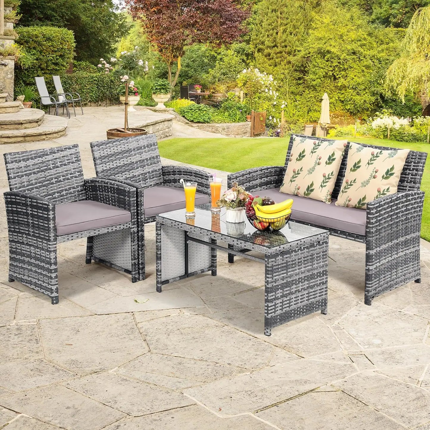 4 Pieces Rattan Patio Furniture Set