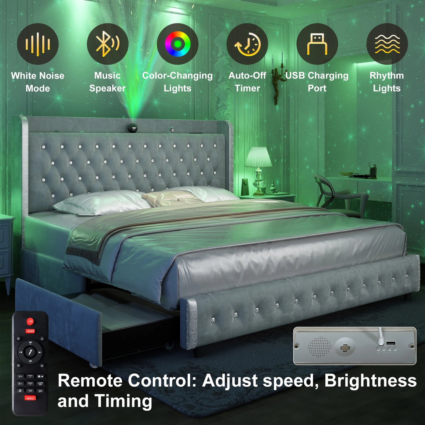 Bed Frame With Galaxy Projector And Bluetooth Speaker
