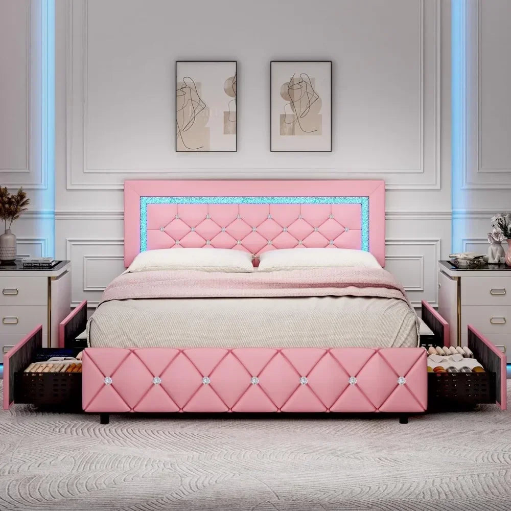 Upholstered Bed Frame with Storage, Diamond Design