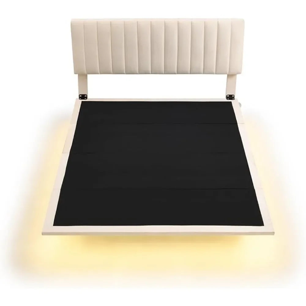 Queen Size Modern Floating Velvet Platform Bed