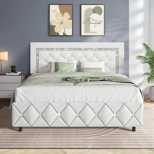 Platform Bed Frame With Upholstered Diamond Headboard