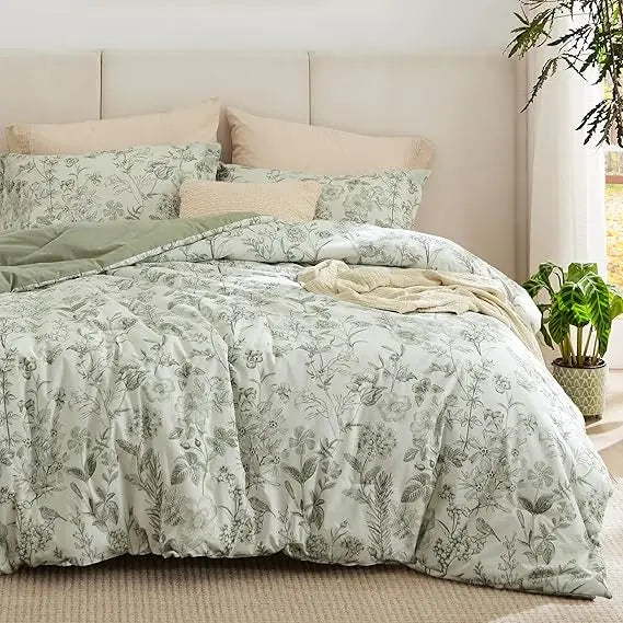 King Size Floral Comforter Set - 100% Cotton Sage Green