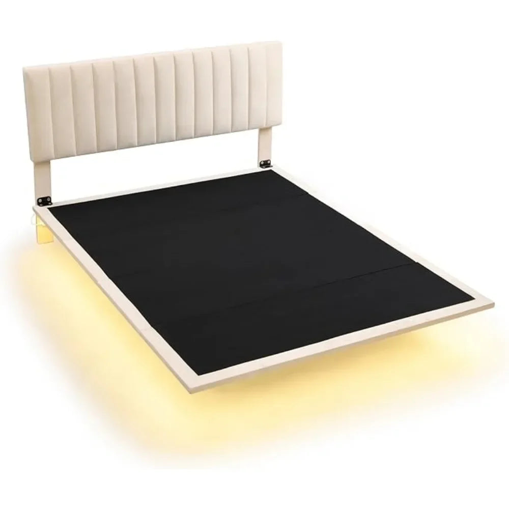 Queen Size Modern Floating Velvet Platform Bed