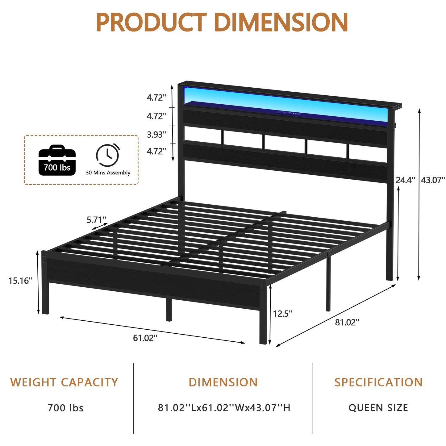 Bed Frame With LED Lights/Charging Station