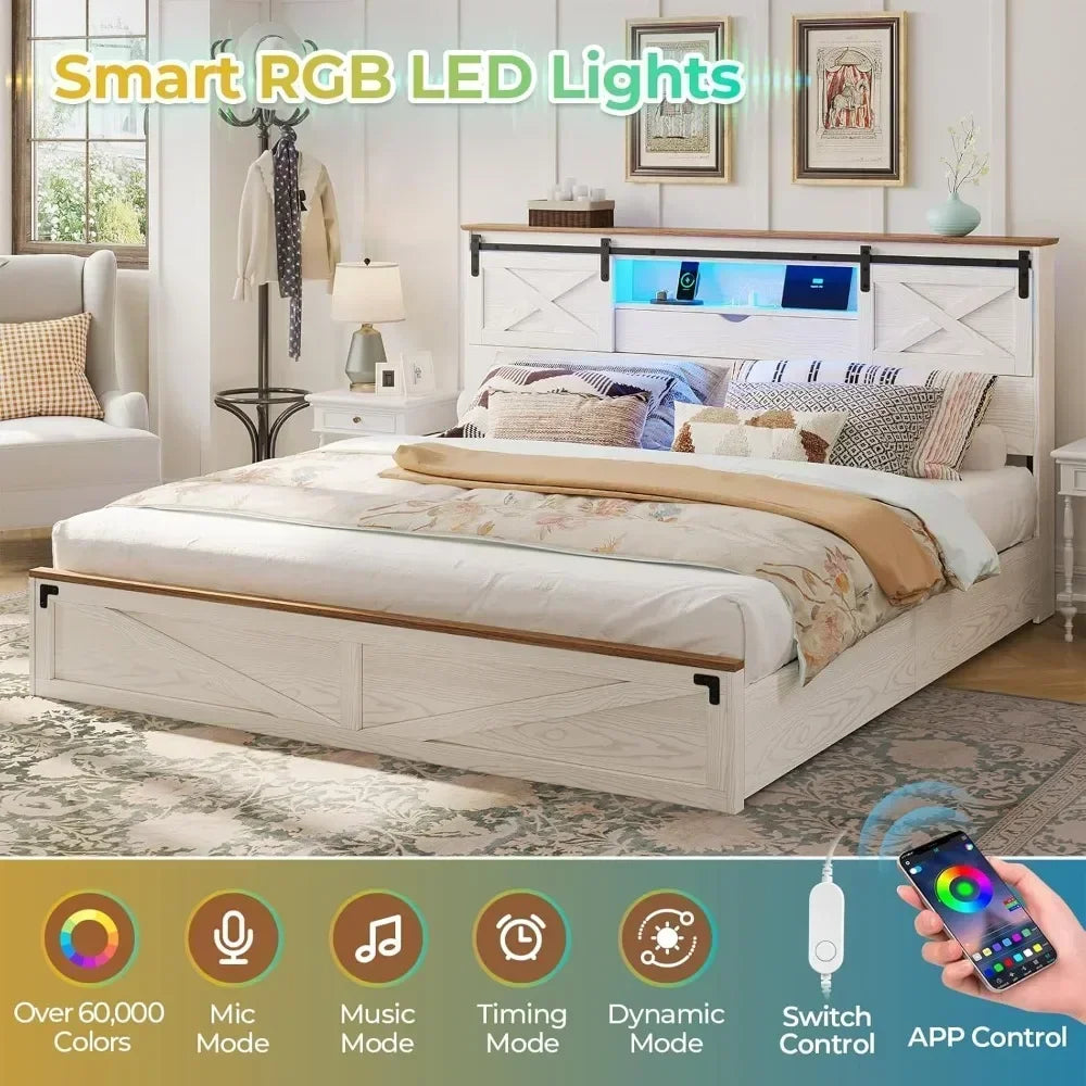 Rustic Bed Frame, LED Lights, Storage Drawers