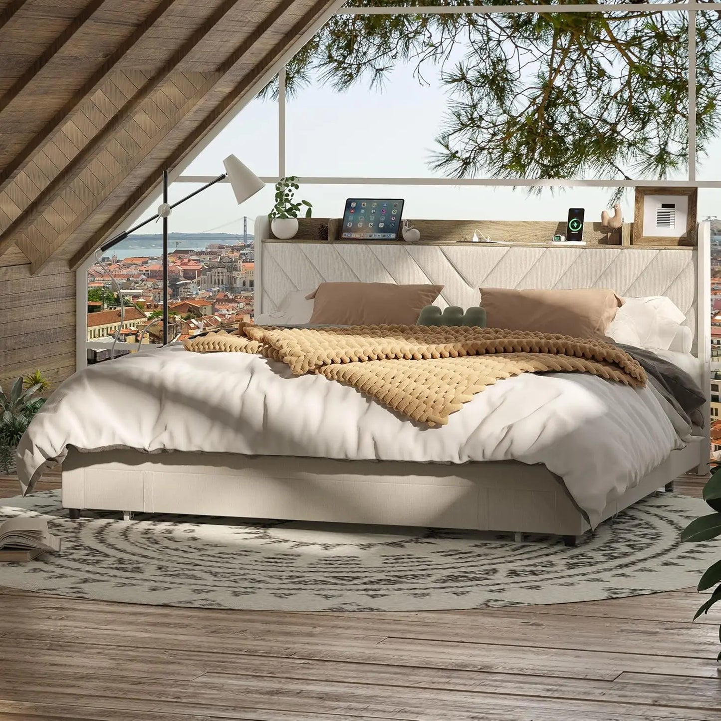 Upholstered Bed Frame, Storage Drawers, Charging Station