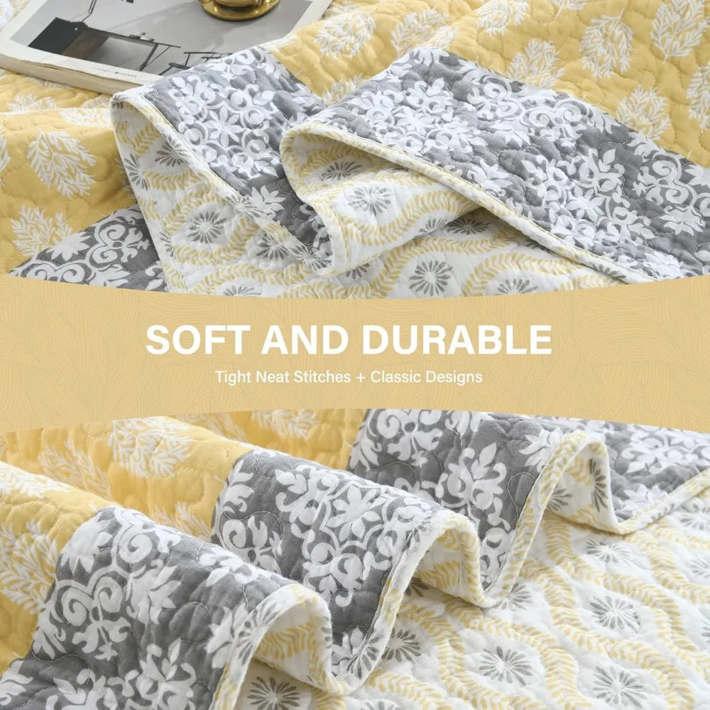 Yellow Cotton Floral Queen Quilt Set