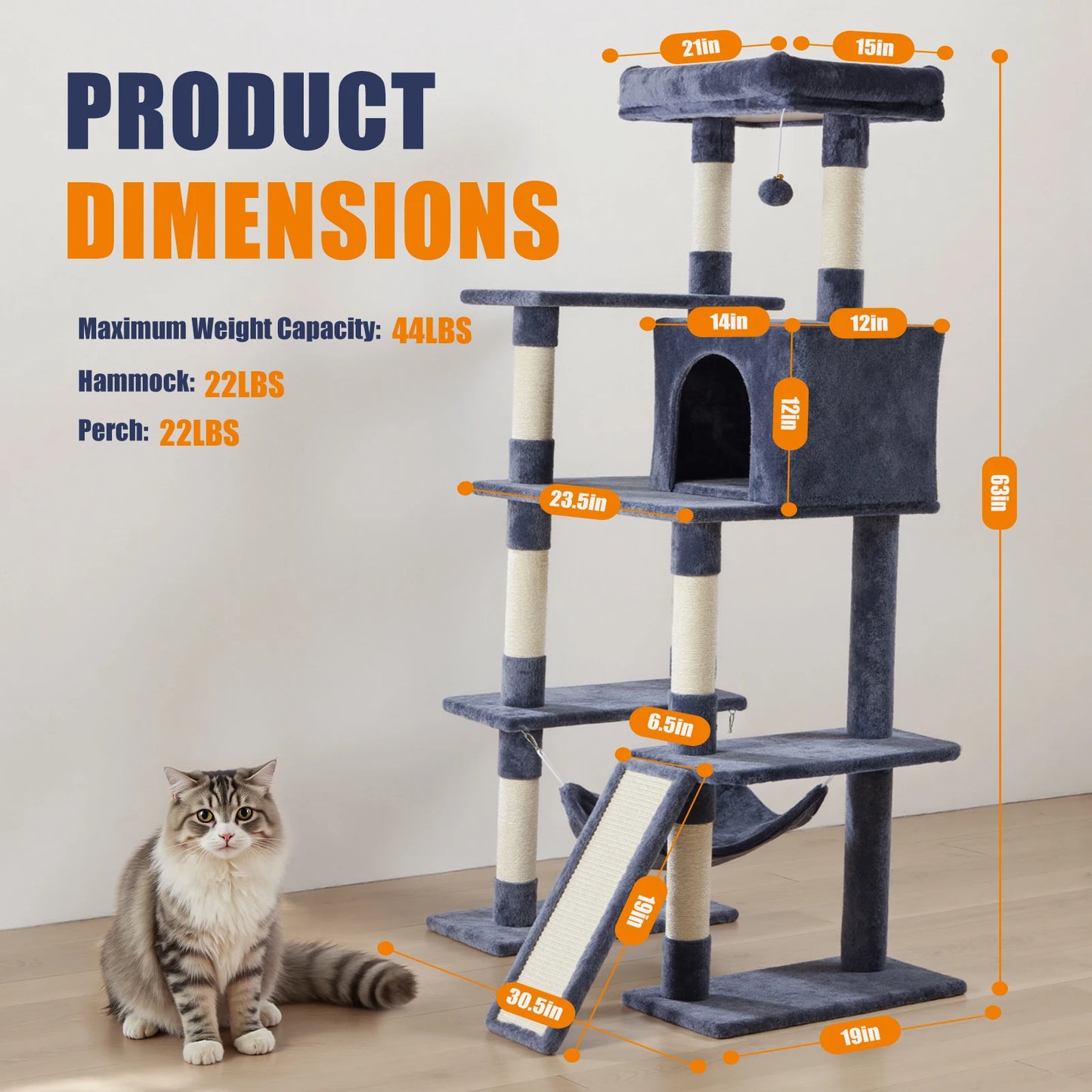 63-Inch Multi-Level Cat Tree for Indoor Cats