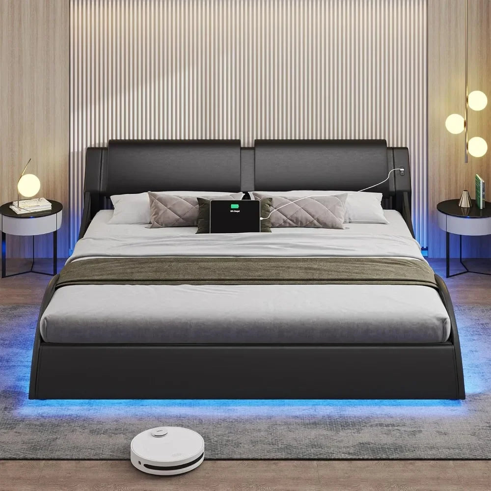 Bed Frame With LED, USB, Faux Leather
