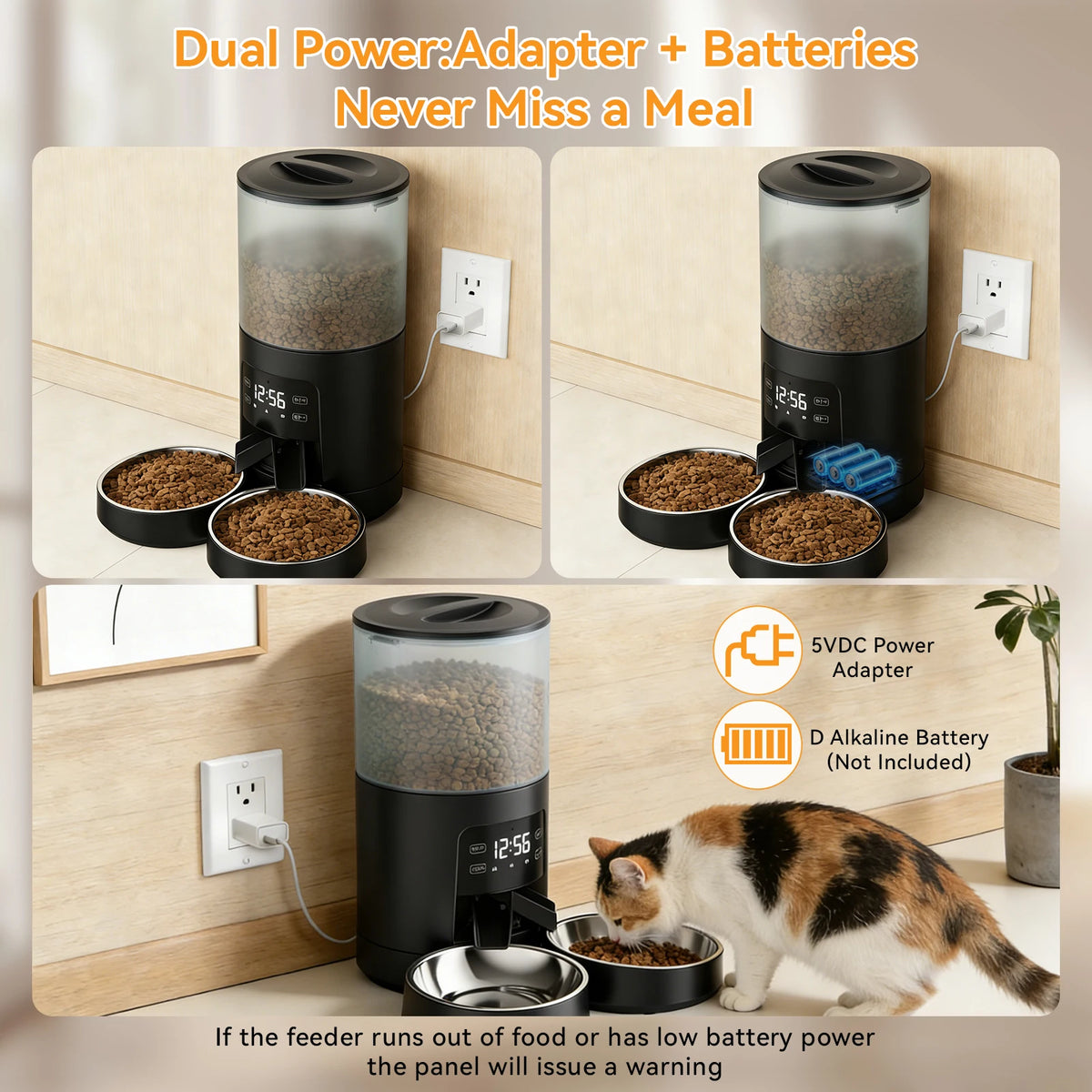 6L Automatic Cat Feeder with 2 Stainless Bowls